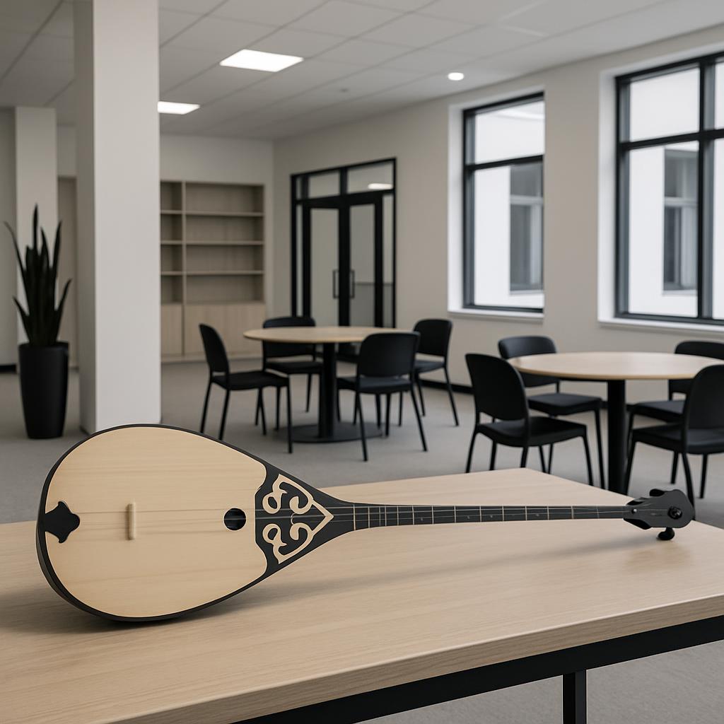 A room with tables surrounded by chairs, and a mandolin visible in the foreground.